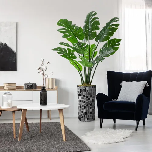 Miniatura 16 de Árbol artificial en macetero moderno con patrón geométrico, palmeras tropicales areca falsas de seda para decoración del hogar en interiores