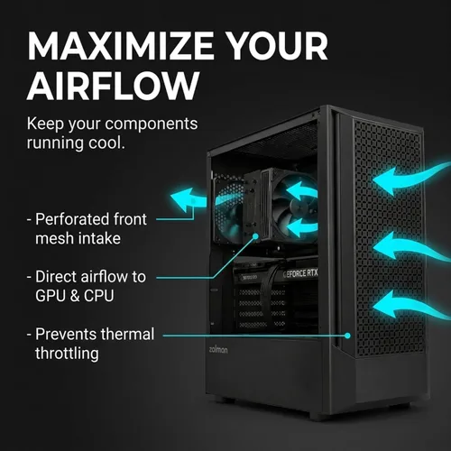Miniatura 5 de Zalman FIT Basic ATX Mid-Tower Gaming PC case, Includes 1x 120mm PWM Rear Exhaust Fan, High Airflow Mesh Panel, Tempered Glass Side Panel, 360mm AIO