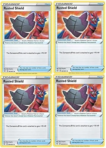 Pokemon Lote de tarjetas de entrenador - Escudo oxidado 061/072 - Destinos brillantes - Lote de tarjetas de herramientas x4 Zamazenta