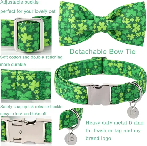 Miniatura 3 de Collar de perro del día de San Patricio con corbatín, collar de lazo de trébol de la suerte ajustable para perros hembras y machos, collares