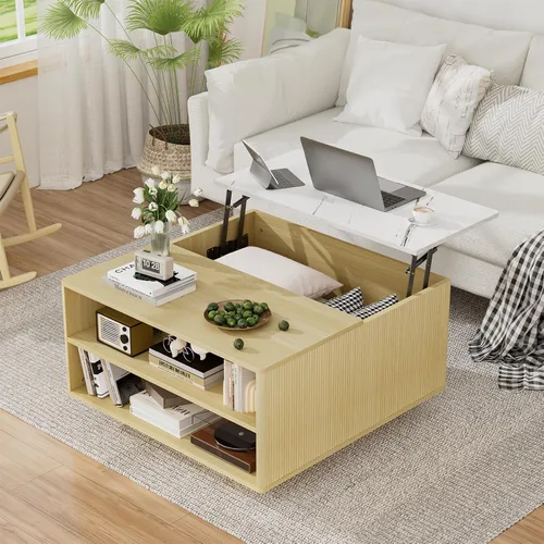 Miniatura 3 de Mesa de centro elevable con almacenamiento, mesa cuadrada central de madera natural estriada con almacenamiento abierto, mesa central para sala