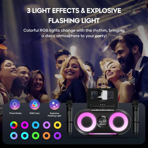 Miniatura 3 de BIGASUO Máquina de karaoke con luces intermitentes explosivas de graves intensos para adultos, sistema de altavoces PA portátil Bluetooth con 2