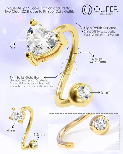 Miniatura 5 de OUFER Aretes de hélice torcida de 16G, anillo de labios de circonita cúbica transparente en forma de corazón de oro sólido de 14 quilates, joyería