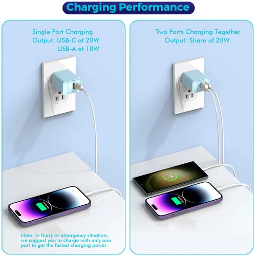 Miniatura 4 de Bloque de carga para iPhone 16/15, bloque de carga USB C [paquete de 2] 20 W de doble puerto PD rápido USB C adaptador de cargador de pared USB A