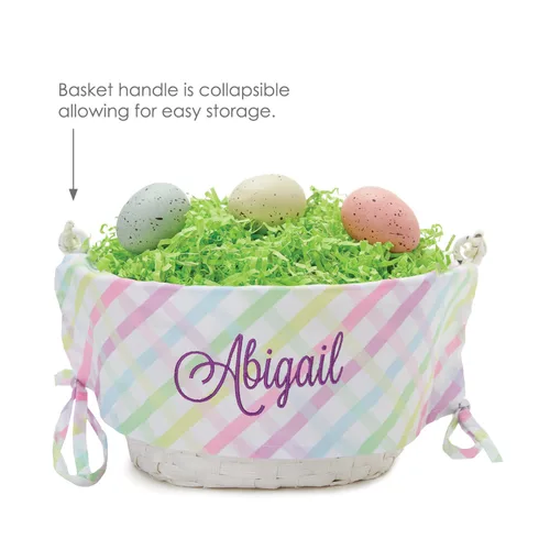Miniatura 6 de Cesta de huevo de Pascua personalizada con asa y nombre personalizado en escritura morada Forro de canasta de Pascua multicolor Cesta blanca