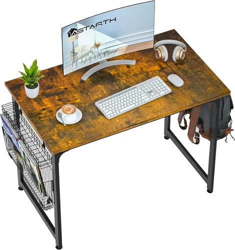Miniatura 8 de ASTARTH Escritorio plegable de 40 pulgadas, mesa plegable que ahorra espacio, mesa de PC de estilo simple moderno, marco de metal negro, escritorio