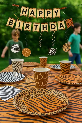 Miniatura 2 de Sirve para 30 invitados Jungle Safari Zoo Animal Print Fiesta Cumpleaños Suministros Pack 9" Platos cena 7" Platos Postre 12 oz Tazas Servilletas