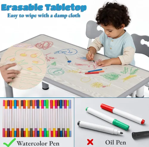 Miniatura 3 de Arlopu Juego de mesa y 6 sillas para niños, escritorio de graffiti ajustable en altura, mesa de manualidades para actividades preescolares, para Gris