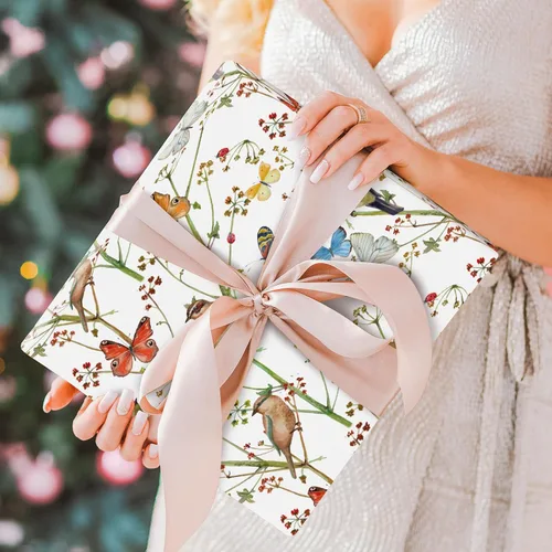 Miniatura 5 de AnyDesign 6 hojas de papel de regalo de pájaros, no enrollado, papel de regalo de flores de mariposa de acuarela, papel de arte decorativo plano