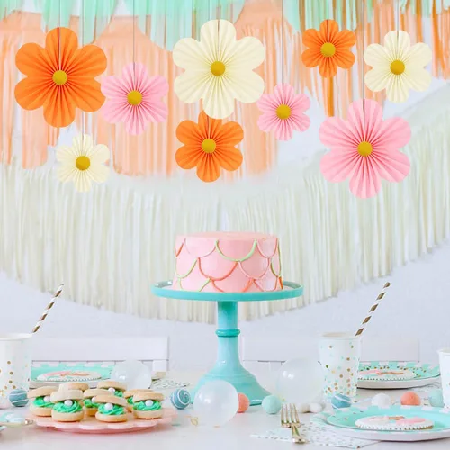 Miniatura 3 de Decoración de fiesta rosa y naranja, decoración de flores de papel para pared, abanicos de papel, telón de fondo floral, decoración de pared