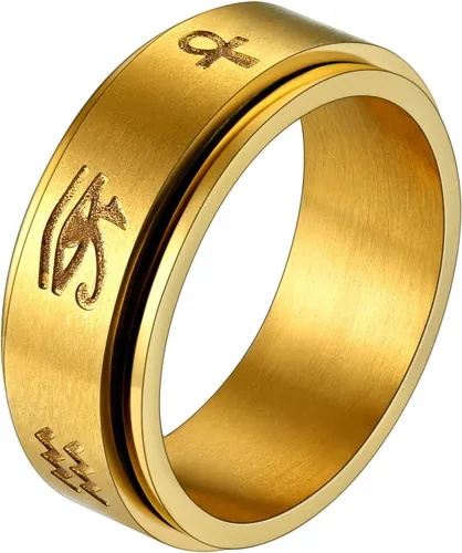 U7 Rhinestone Eye of Horus Ring, Ankh Cross Rng, Stainless SteelBlack18K Gold Plated Egypt Rings, Protection Rings for Men Women Size 7-14
