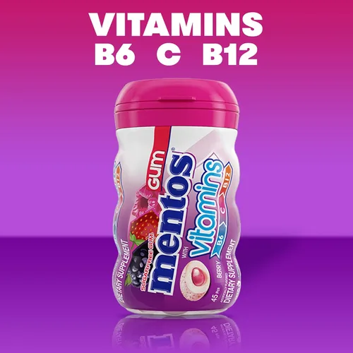 Miniatura 6 de Mentos Goma de mascar de vitaminas, goma de mascar sin azúcar con vitaminas y edulcorante de xilitol, bayas, botella de 45 unidades, 6 botellas