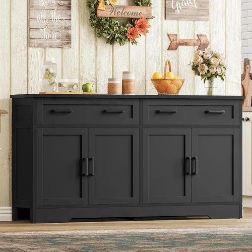 Miniatura 13 de usikey Aparador grande de 61 pulgadas con 4 puertas y 3 cajones, mesa de buffet de granja, armario de almacenamiento de comedor para cocina o sala