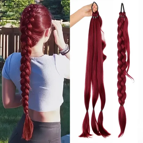 Miniatura 9 de EMMOR Extensión de cola de caballo larga trenzada con cabello lacio envolvente, extensiones de cabello sintético suave y saludable para mujeres