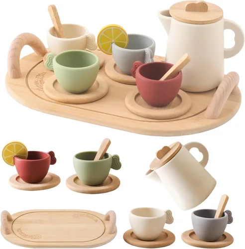 Juego de Fiesta de Té para Niños, Juego de Té de Madera para Niñas y Niños, Accesorios de Cocina de Juguete para Niños, Juego de Té para Niños
