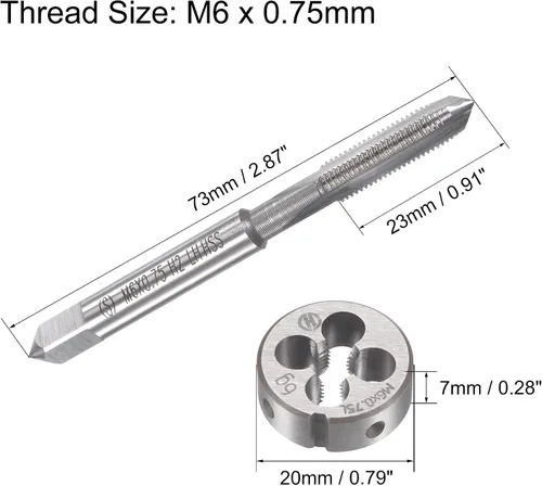 Miniatura 2 de uxcell M6 x 0.030 in métrico mano izquierda juego de machos y troqueles, rosca de máquina con troquel de roscado redondo, kit de grifo y troquel