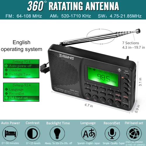 Miniatura 2 de ZHIWHIS Radio Bluetooth portátil, radios FM AM de onda corta con temporizador de sueño y función preestablecida, grabadora digital recargable