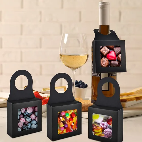 Miniatura 5 de Mototo 30 cajas de papel kraft para botellas de vino con colgador de ventana transparente, cajas de regalo vacías con colgador para San Valentín