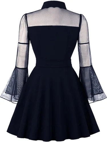 Miniatura 2 de Vestido camisero para mujer, vestido de Halloween gótico punk, con solapa, envoltura en el pecho, vestido vintage para fiesta de noche, vestido midi