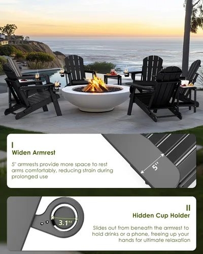 Miniatura 5 de GREENVINES Juego de 2 sillas plegables Adirondack Plástico HDPE Silla para hoguera Todo clima Portavasos Negro para terraza, patio