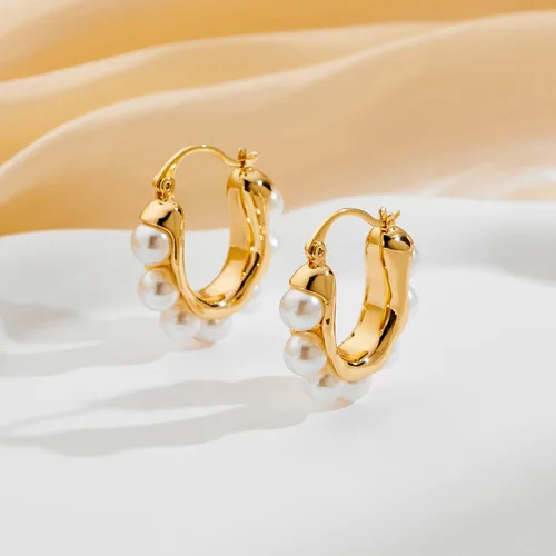 Miniatura 5 de Aretes de aro de perlas para mujer, chapados en oro de 14 quilates, aretes de perlas ligeras de perlas blancas, aretes gruesos