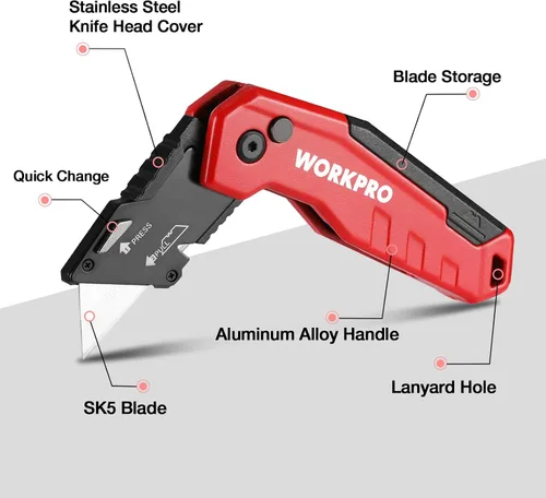 Miniatura 2 de WORKPRO Cuchillo utilitario plegable, cambio rápido de cuchillas, cuchillo de afeitar para cartones, cartón, cajas, almacenamiento de cuchillas