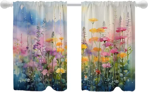 Miniatura 13 de Shrahala Floral Abstract Design Blackout Curtain Tiers, Minimalist Flower Illustration Kitchen Valance Light Blocking Tier Drapes with Rod Pocket, 2