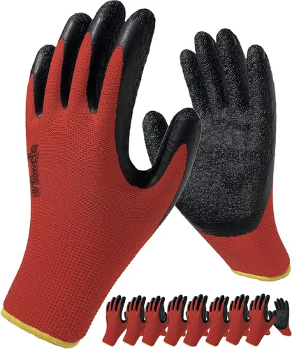 Guantes de seguridad recubiertos para el trabajo, paquete de 8 pares, agarre firme, uso general y jardinería, para hombres y mujeres (talla S, rojo)