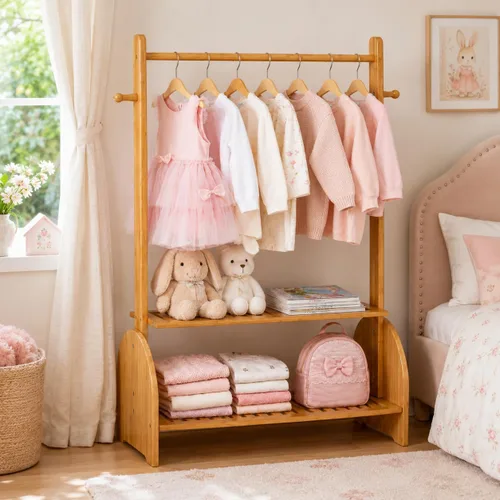 Miniatura 5 de BAMBOOHOMIE Perchero de ropa para niños con varillas ajustables, perchero de ropa para niños, bebés, mascotas, perchero para niños con 2 estantes