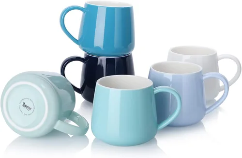 Sweese Juego de 6 tazas de café de porcelana, tazas de café de 12 onzas con asa para café, té, cacao, tazas de café azules de colores surtidos con