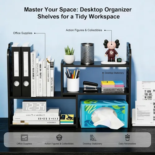 Miniatura 3 de YGYQZ - Estante de almacenamiento de oficina, organizador de escritorio, suministros de escritorio, lindo tocador, organizador ajustable y Negro