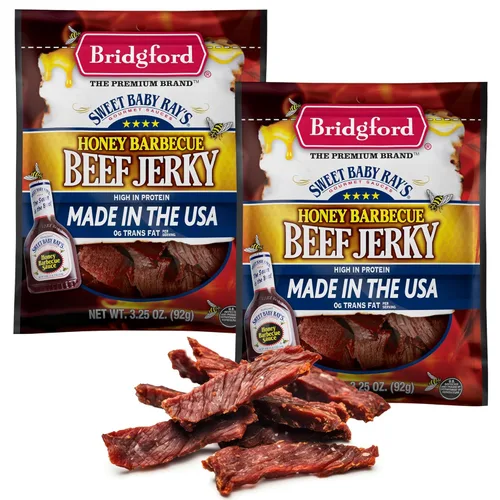 Bridgford Sweet Baby Ray's Beef Jerky Honey BBQ de 3.25 onzas, paquete de 2 – Cecina alta en proteínas para impulso de energía del mediodía o