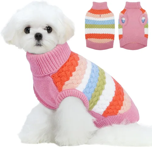 Miniatura 18 de Kuoser Suéter grande para perro, suéteres de punto de cuello alto para perros grandes, rayas coloridas, chaleco de punto para mascotas, ropa cálida