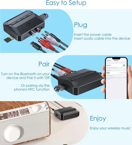 Miniatura 8 de KAIY Receptor Bluetooth para estéreo doméstico con NFC, receptores de audio inalámbricos y adaptadores con RCA y AUX de 0.138 in, adaptador