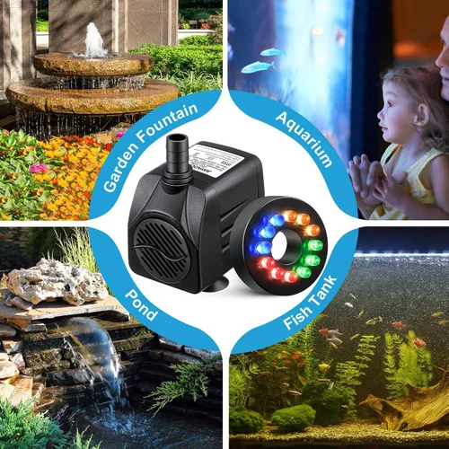 Miniatura 7 de Paquete de 2 bombas sumergibles de fuente de 15 W 220 GPH con 12 luces LED de color, bomba de fuente pequeña con 4 boquillas de pulverización