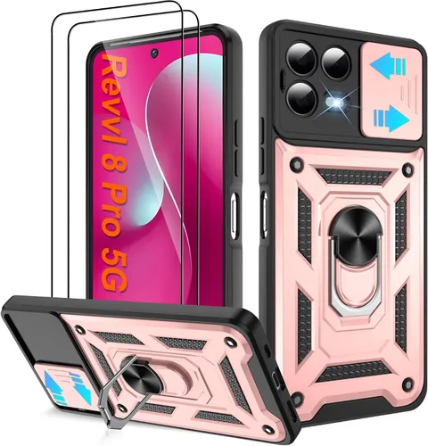 Miniatura 105 de ATUMP Funda para T-Mobile Revvl V Plus 5G con protector de pantalla HD con cubierta de cámara deslizante, soporte de anillo de rotación de 360° Negro