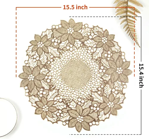 Miniatura 2 de Juego de 6 manteles individuales de vinilo prensado, hojas doradas redondas en flor, aptos para limpieza, 38 cm, antideslizantes, platos huecos