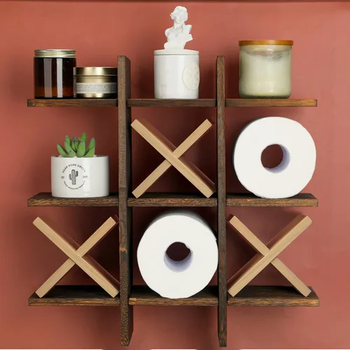 Miniatura 5 de Weysat Soporte de Papel Higiénico Tic Tac Toe Decoración de Pared de Baño Almacenamiento Colgante de Madera Rústica Estantes Independientes Montados