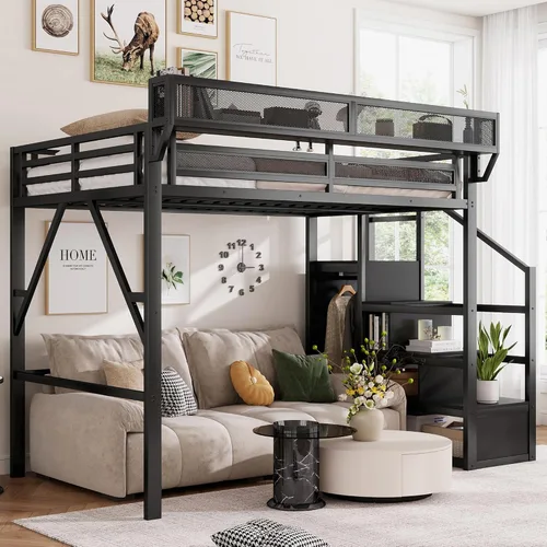 Miniatura 15 de Mirightone - Cama alta tamaño individual con escaleras y almacenamiento, base de cama de metal, estante de noche y gran espacio debajo, resistentes