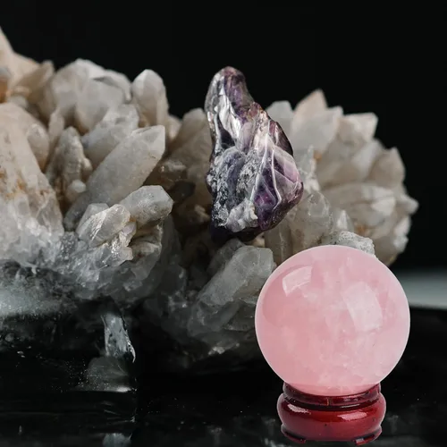 Miniatura 5 de JIC Gem Bola de Cristal Curativo Mágico de Cuarzo Rosa Natural de 2.9 Pulgadas Esfera Ornamental con Soporte de Madera para Decoración, Meditación