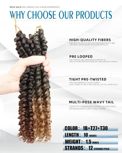 Miniatura 2 de Paquete combinado de cabello de ganchillo Passion Twist (6 paquetes 1B + 1 paquete T1B/27+1 paquete T1B/30), extensiones de cabello trenzado