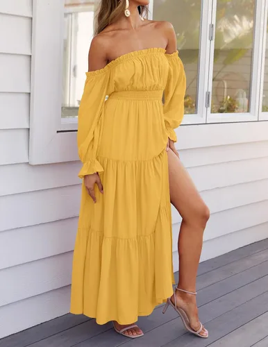 Miniatura 109 de ZESICA - Vestido largo, bohemio y sexy, con hombros descubiertos y manga larga fruncida, con elástico fruncido, cintura alta y abertura lateral