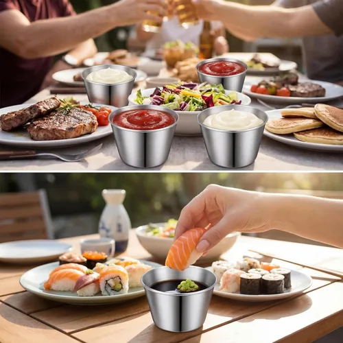 Miniatura 7 de Potchen 100 tazas de metal de 2.5 onzas para salsa, tazas de condimentos de acero inoxidable a granel, tazones de inmersión redondos, recipientes
