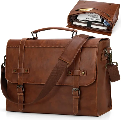 RAINSMORE Bolsa de mensajero para hombre de 17 pulgadas, impermeable, de piel vintage, maletín para laptop, bolsa grande para laptop, bolsa de Marrón