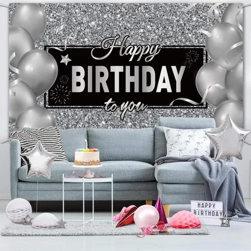 Miniatura 5 de Sumind Cartel de feliz cumpleaños negro y plateado para decoración de fiesta de cumpleaños para hombres y mujeres, suministros de decoración