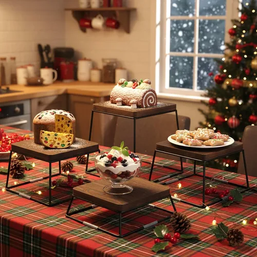 Miniatura 6 de MyGift Juego de exhibición de mesa de postre, 4 elevadores de alimentos, elevadores de bufé de madera marrón, soporte para pizza con base de alambre