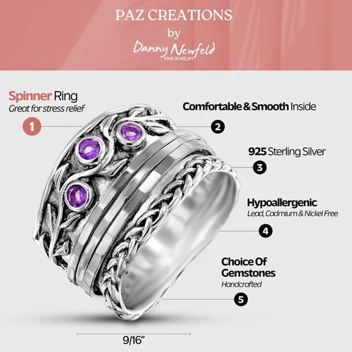 Miniatura 3 de Paz Creations - Anillos giratorios de plata de ley 925 para mujer con piedras preciosas naturales, banda gruesa con patrón martillado, joyería