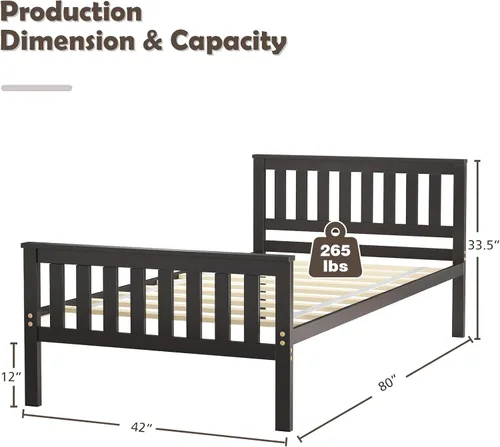 Miniatura 2 de NAFORT Base de cama de plataforma de madera individual con cabecero y estribo, base de cama de madera maciza y soporte de listones de madera fuerte