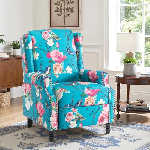Miniatura 6 de Silla reclinable tapizada, sillón de ala floral con respaldo y reposapiés ajustables, cómoda silla decorativa para leer, sofá individual