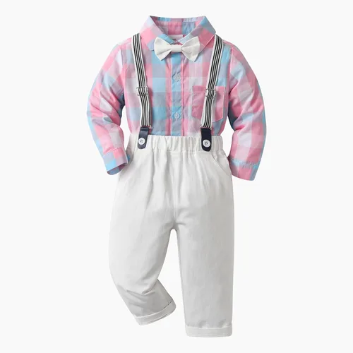 Miniatura 9 de Conjunto de pantalones para bebé, camisa de manga larga + pantalones + corbatín + tirantes, trajes de caballero para niños pequeños